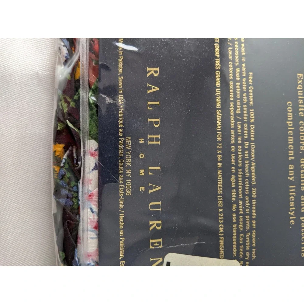 Ralph Lauren Isadora Cossette Black Floral Ruffled Flat Sheet King New 200TC